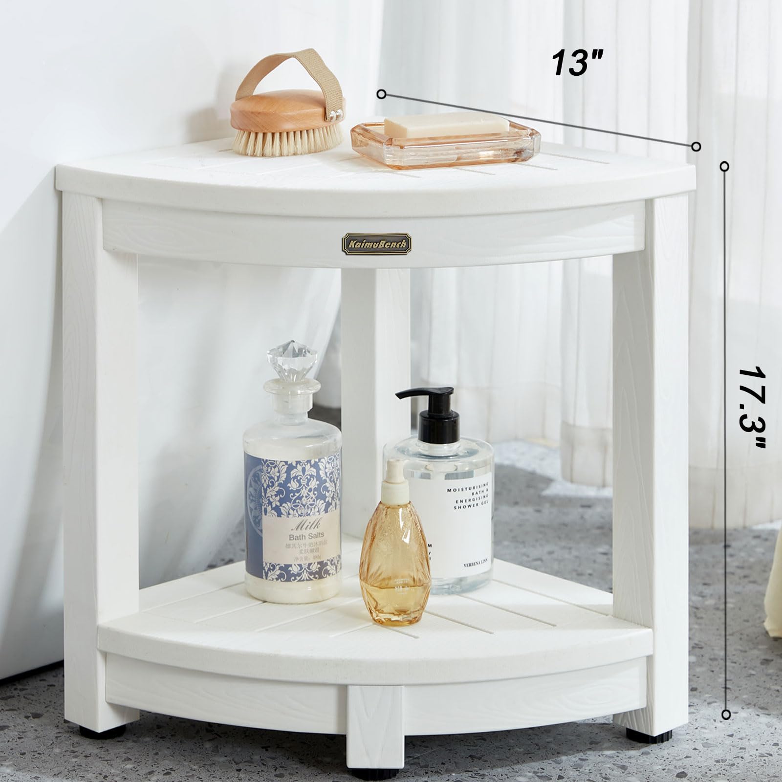 KaimuBench waterproof poly lumber seat in a white bathroom for durable, maintenance-free use.
