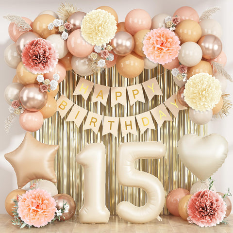 KAINSY beige 15th number balloon for elegant milestone decor.
