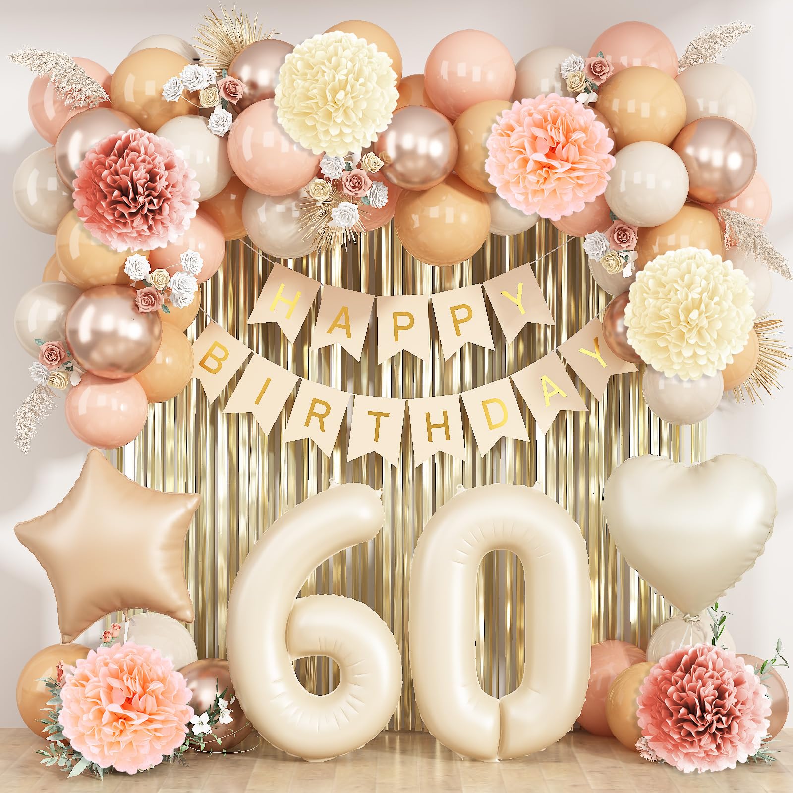 KAINSY beige 60th number balloon adds elegant milestone flair for a stylish party.