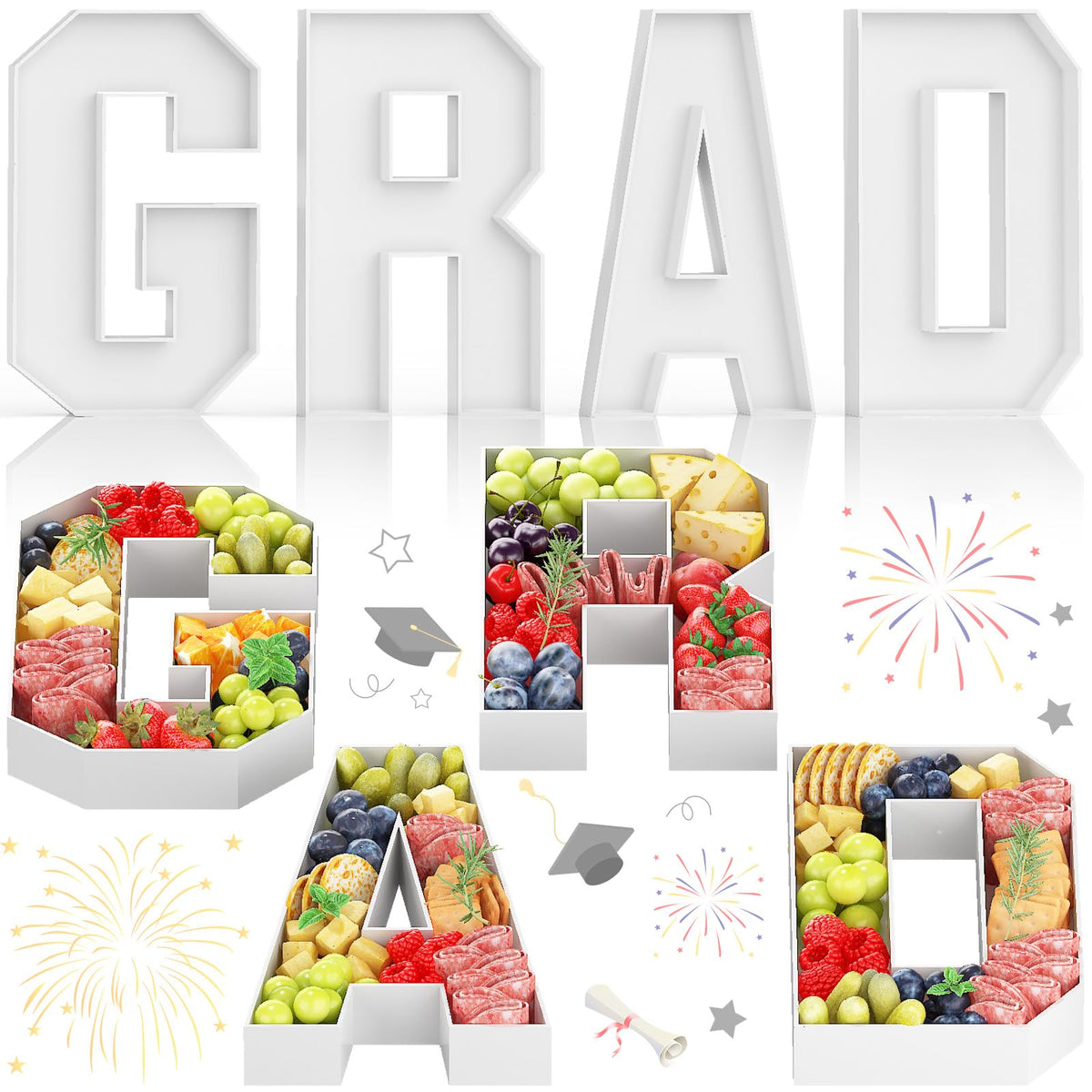 KAINSY grad letters white setup for a bold dessert centerpiece