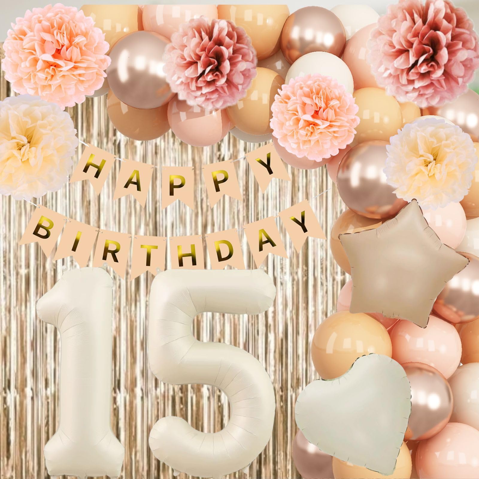 KAINSY happy birthday banner in beige creates a focal backdrop.