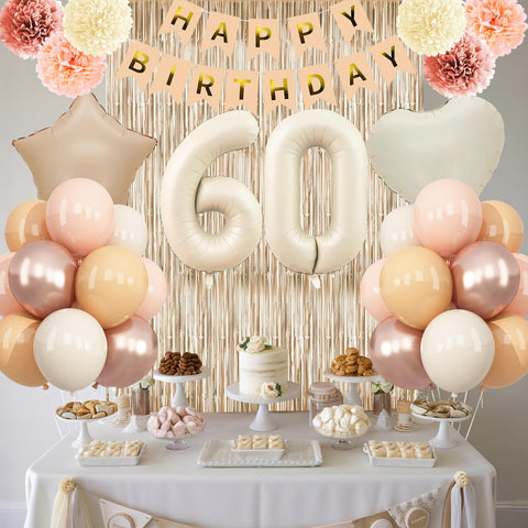 KAINSY Happy Birthday banner in beige tones creates a chic, photo-worthy backdrop.