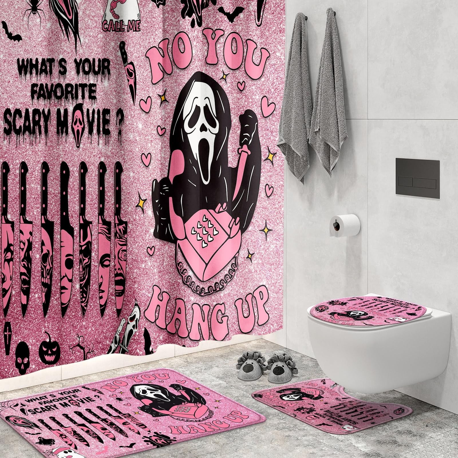 KAIRA pink horror curtain featuring ghosts and bats for spooky bathroom style