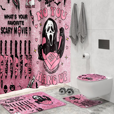 KAIRA pink horror curtain featuring ghosts and bats for spooky bathroom style
