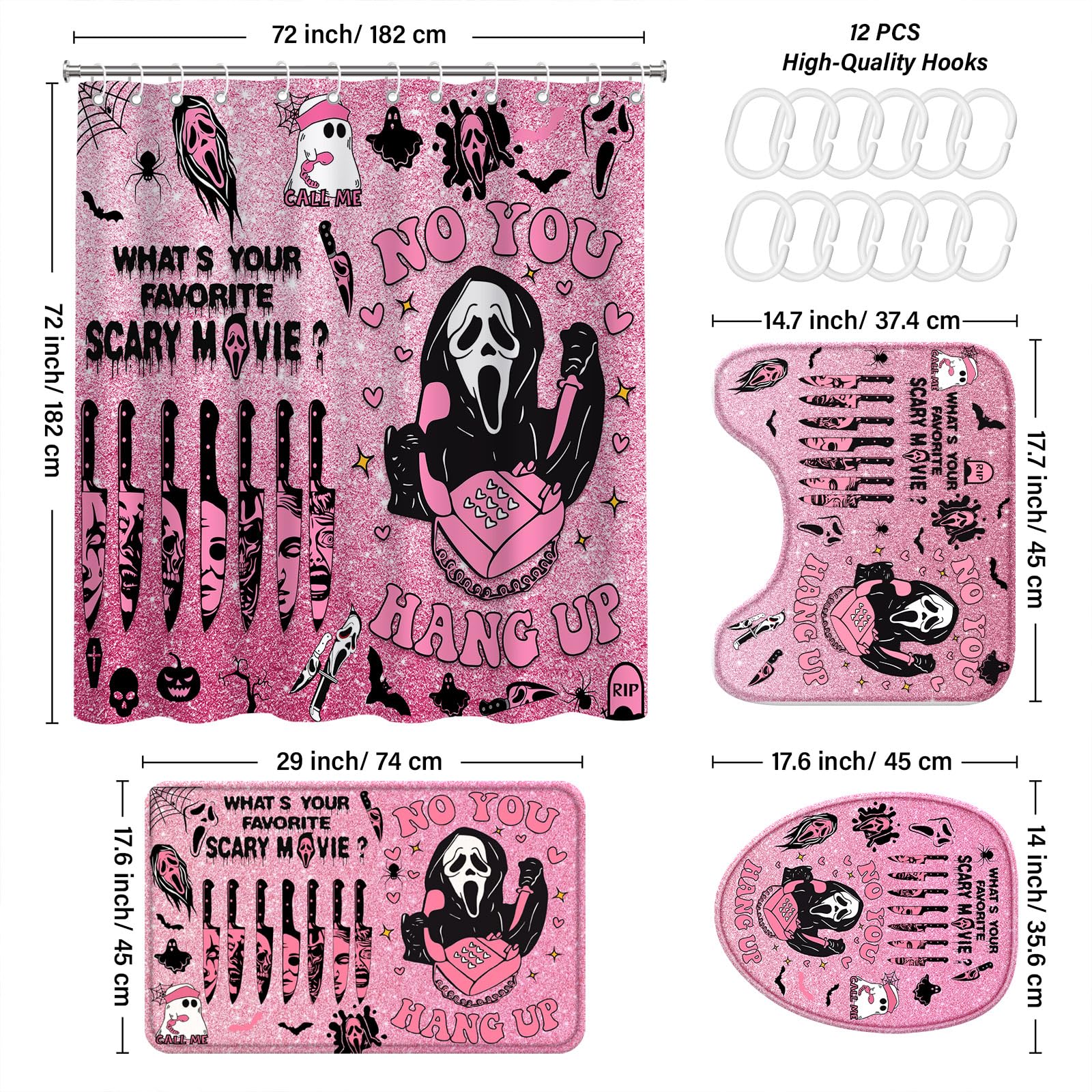 Close-up of KAIRA pink horror curtain pattern for vivid Halloween vibes