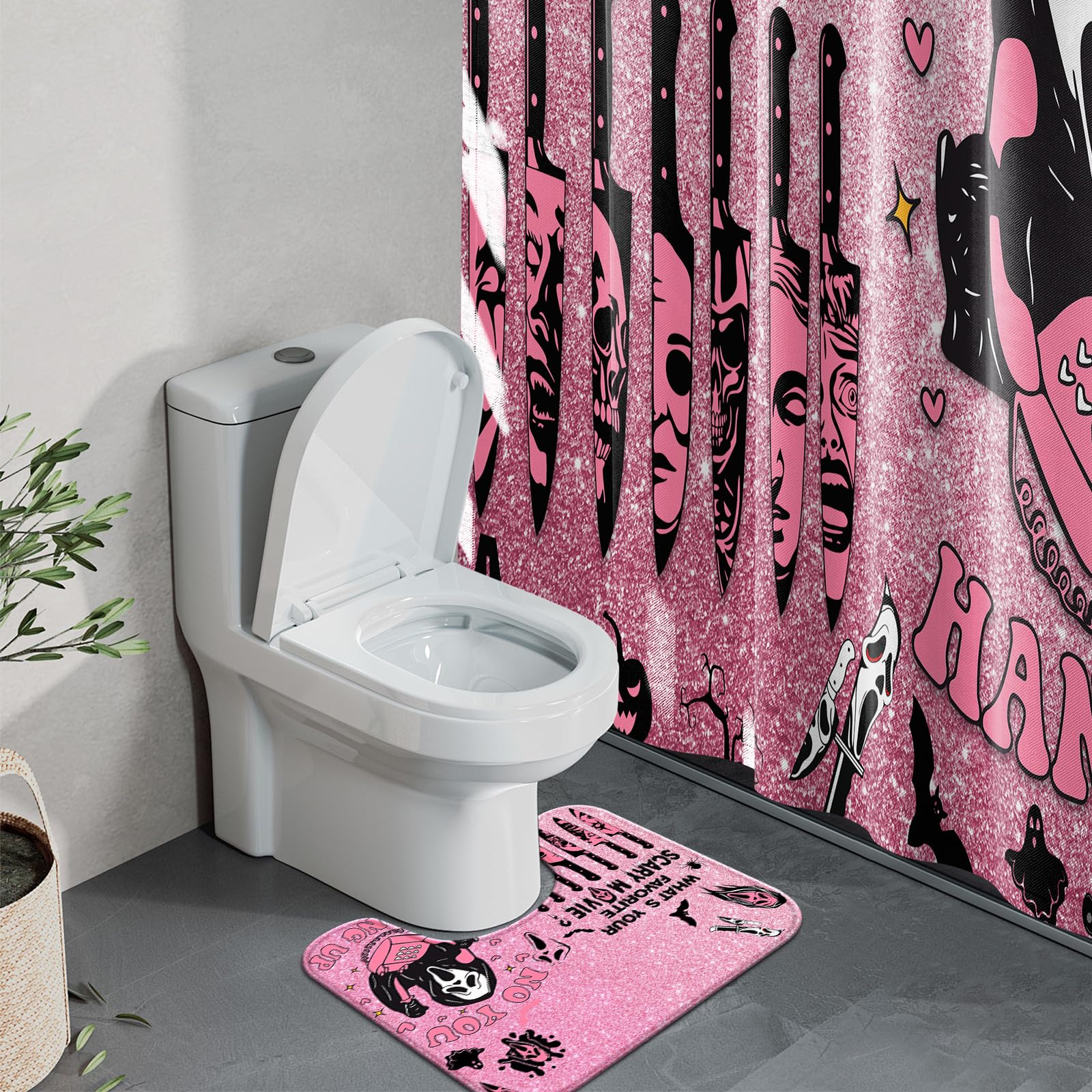 KAIRA toilet lid cover completes the pink horror bathroom look
