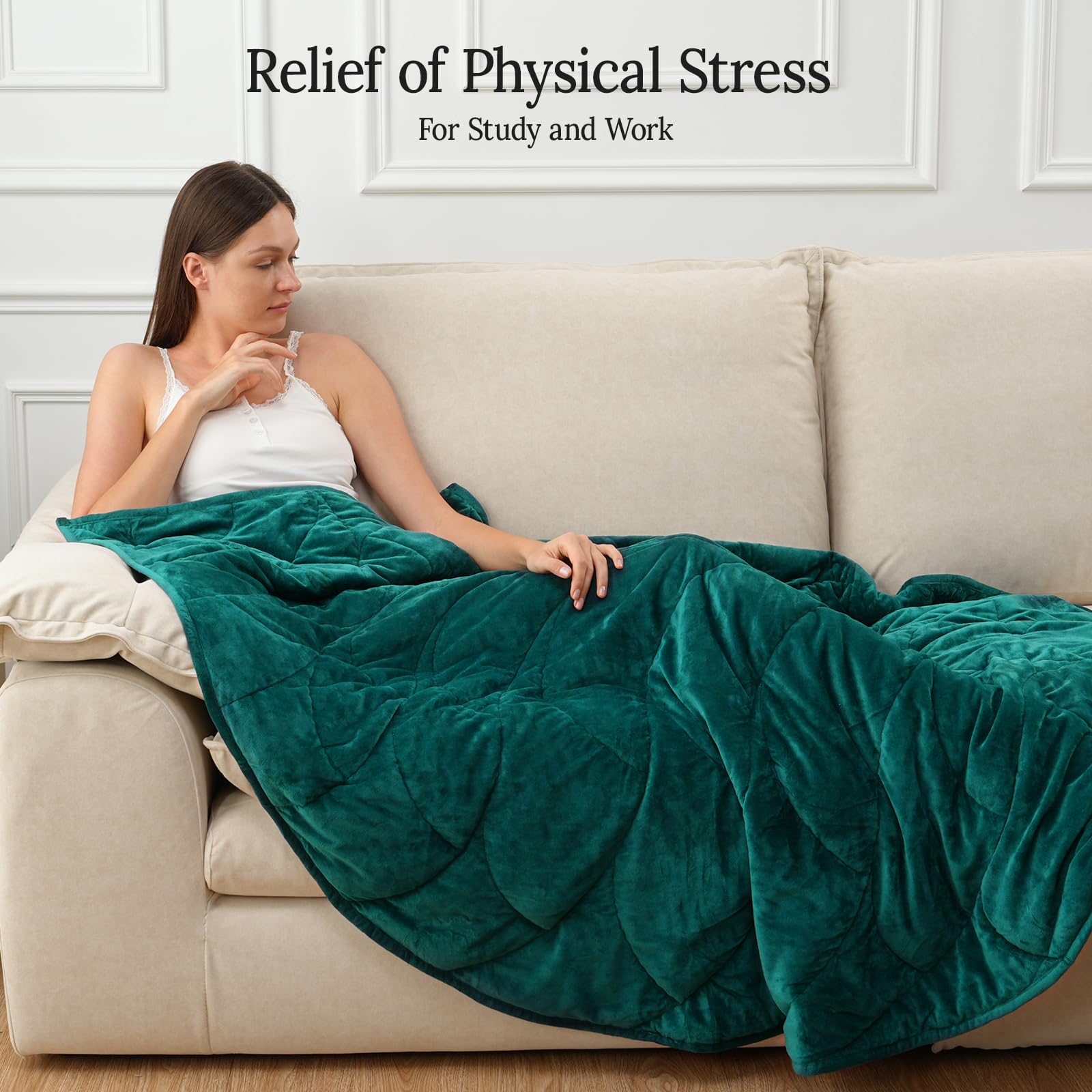 Kaisa weighted blanket on bed and couch demonstrates versatile use for relaxation.
