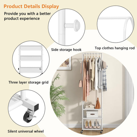 Kaitiemoo garment rack with three shelves—closeup emphasizes storage capacity.
