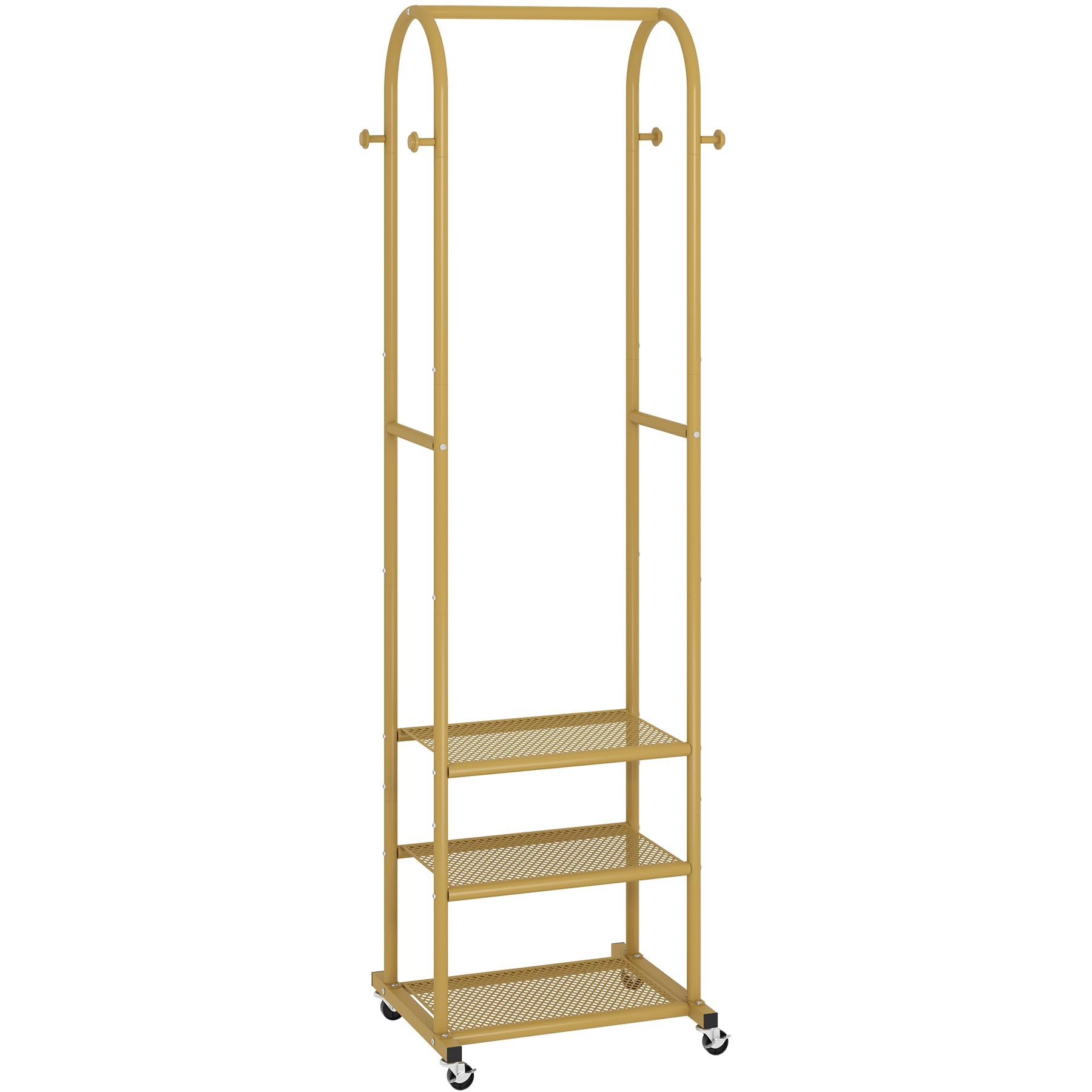 Kaitiemoo gold garment rack with three shelves for organized storage.