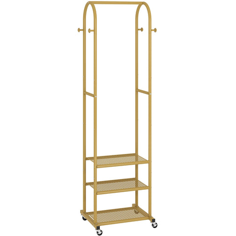 Kaitiemoo gold garment rack with three shelves for organized storage.