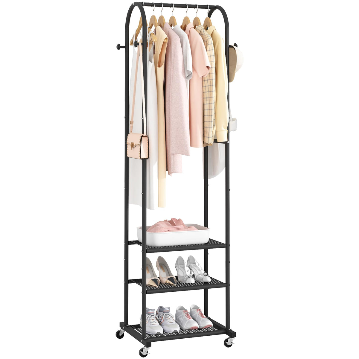 Kaitiemoo heavy-duty rack with wheels, front view, showing sturdy support for daily wardrobe display