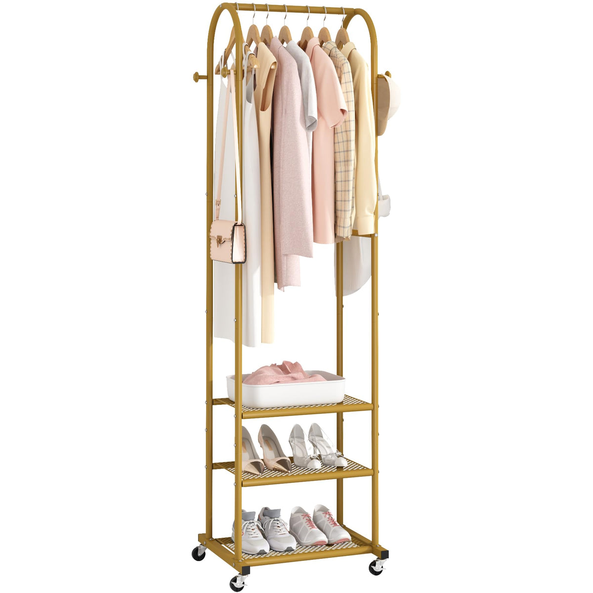 Kaitiemoo heavy-duty clothing rack with wheels in gold finish for easy mobility.