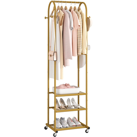 Kaitiemoo heavy-duty clothing rack with wheels in gold finish for easy mobility.