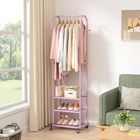 Kaitiemoo pink rack with three metal shelves, bottom storage for shoes.