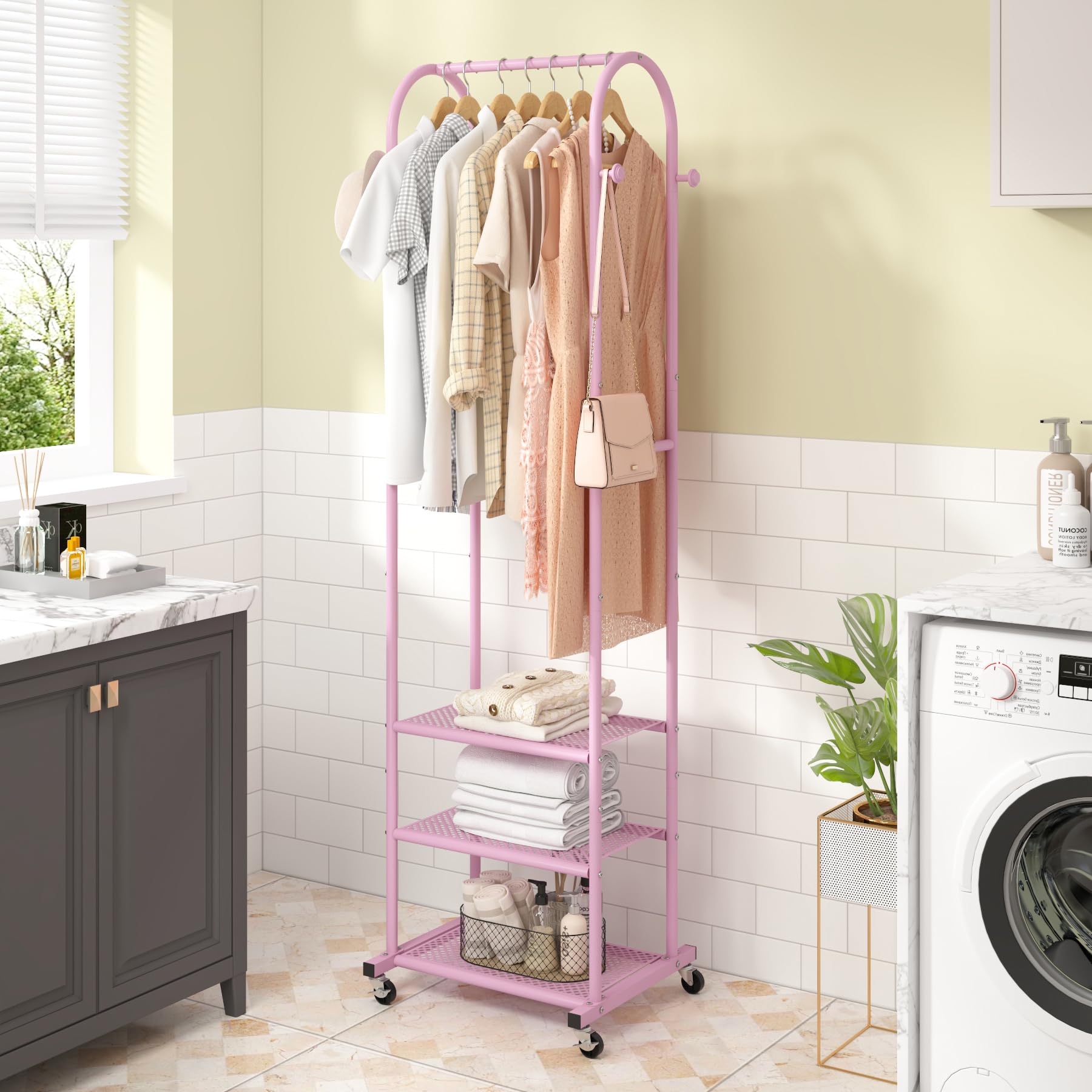 Kaitiemoo pink display rack, compact for small spaces and clutter-free closets.