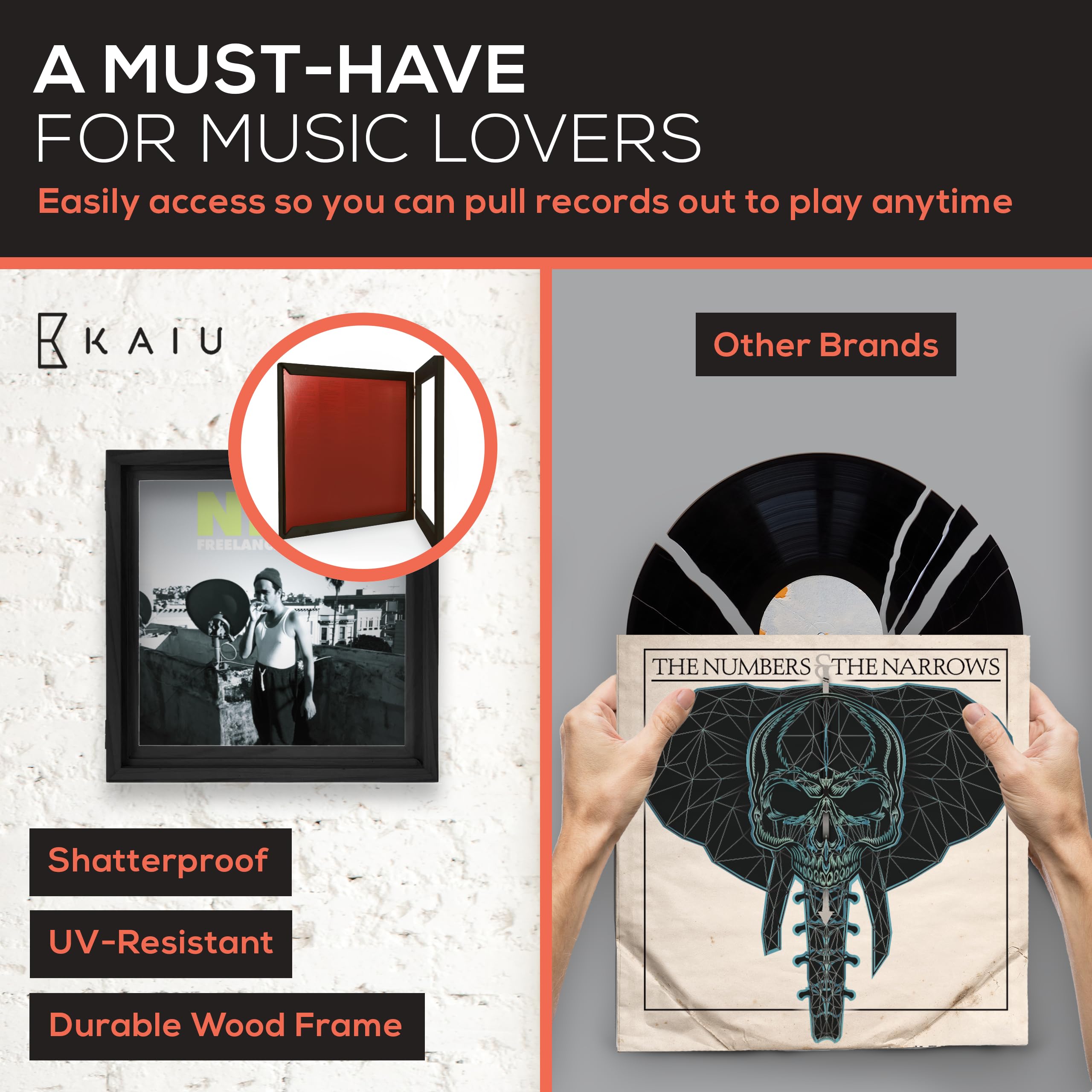 KAIU frame close up reveals magnetic hinges for easy album swaps.
