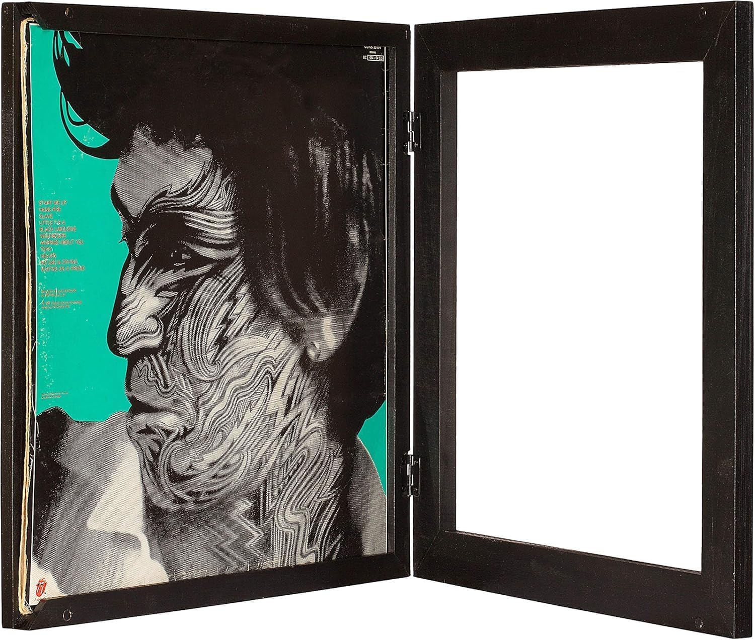 KAIU vinyl record frame with black wood finish showcases your LP art on the wall.