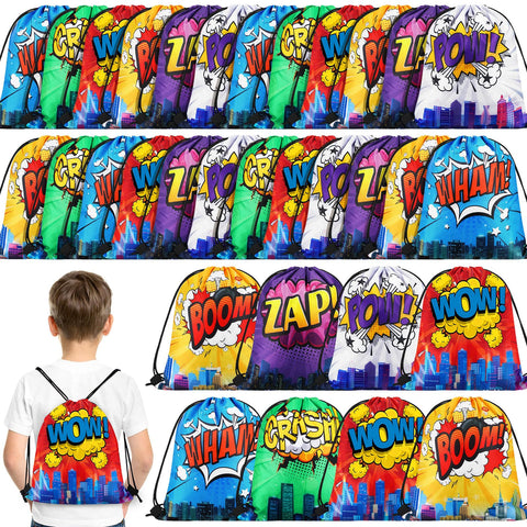 Kajaia Hero drawstring bag in blue WHAM design, ideal for party favors and gift bags