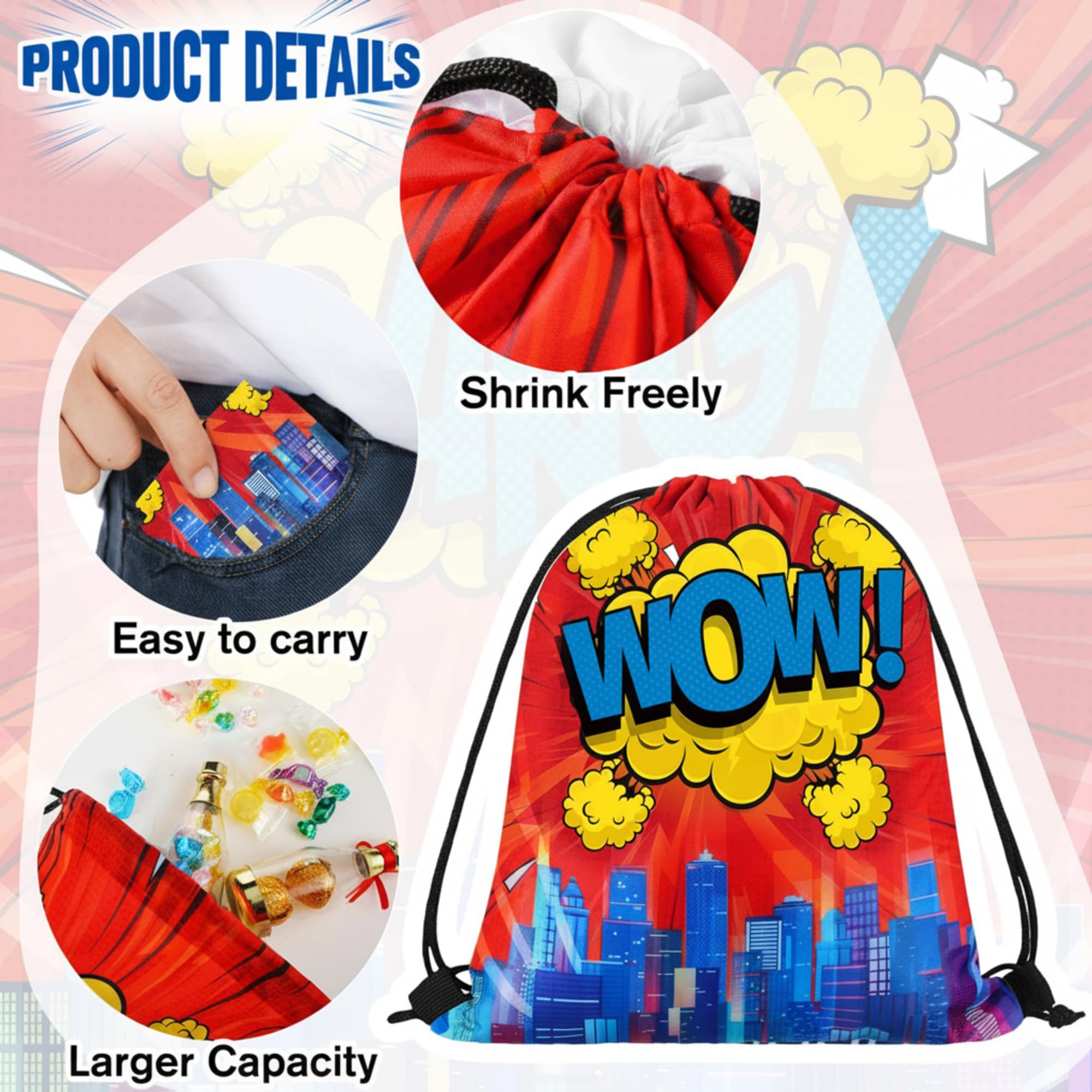 Kajaia Hero drawstring bag in green CRASH design, reusable candy and snack storage