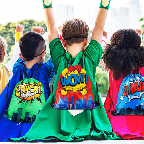 Kajaia Hero drawstring bag in red SMACK design, easy-to-carry party favors