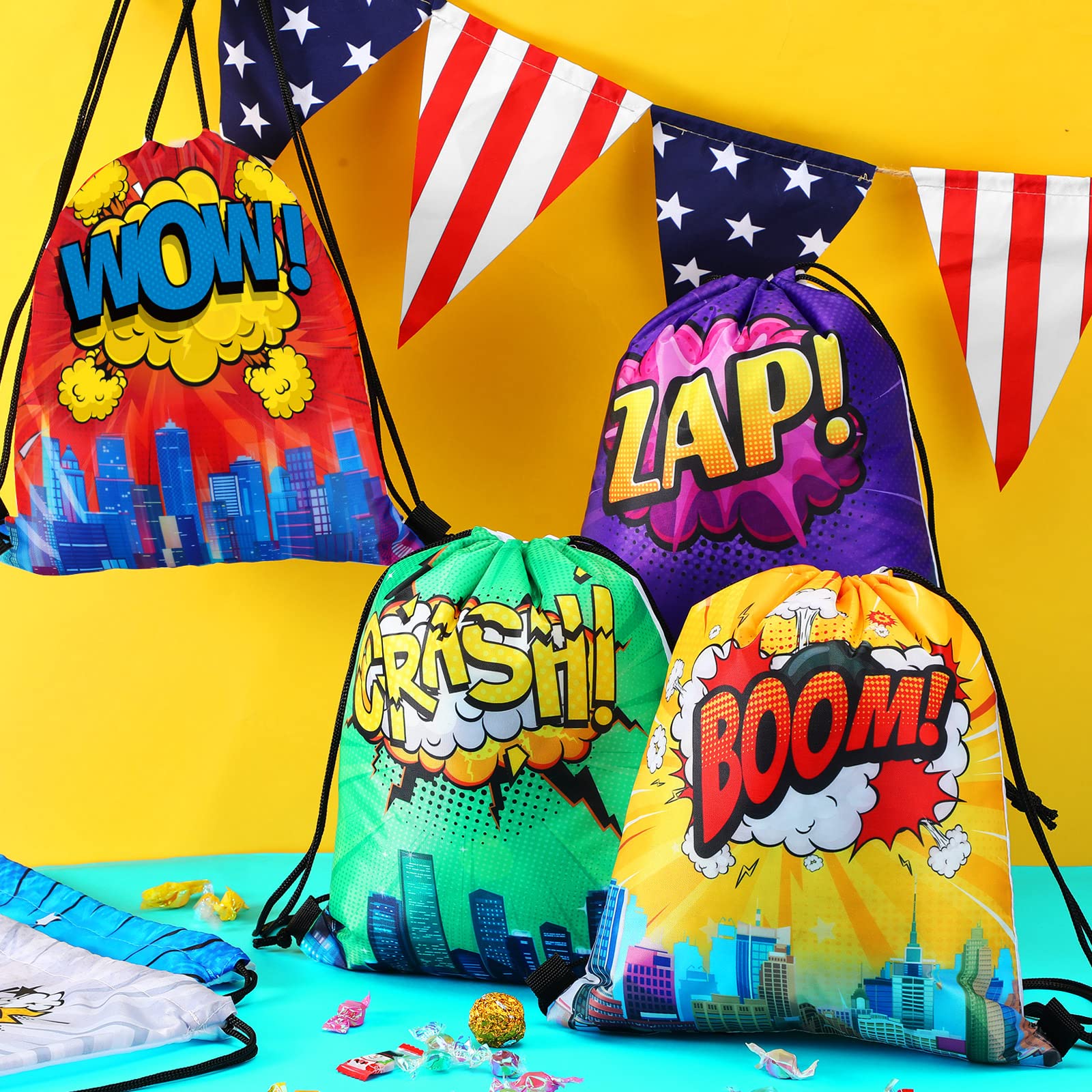 Kajaia Hero drawstring bag with various designs, a coordinated party favor collection