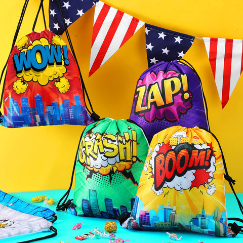 Kajaia Hero drawstring bag with various designs, a coordinated party favor collection