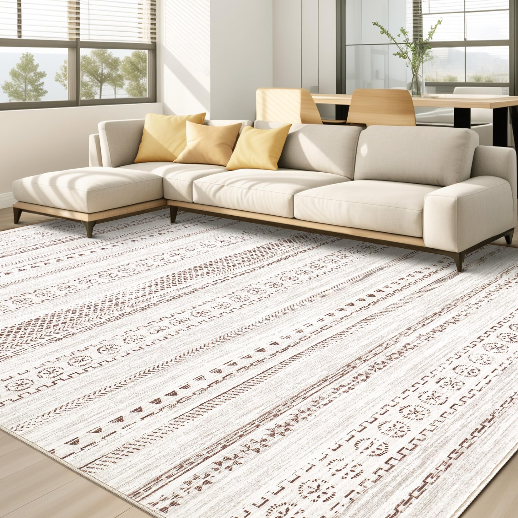 Kakania 8x10 washable rug with non-slip brown finish for living rooms.
