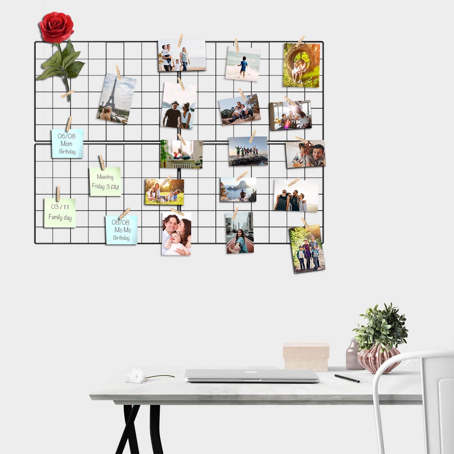 Kakivan grid panel with 12 wooden clips for quick photo and card swapping.