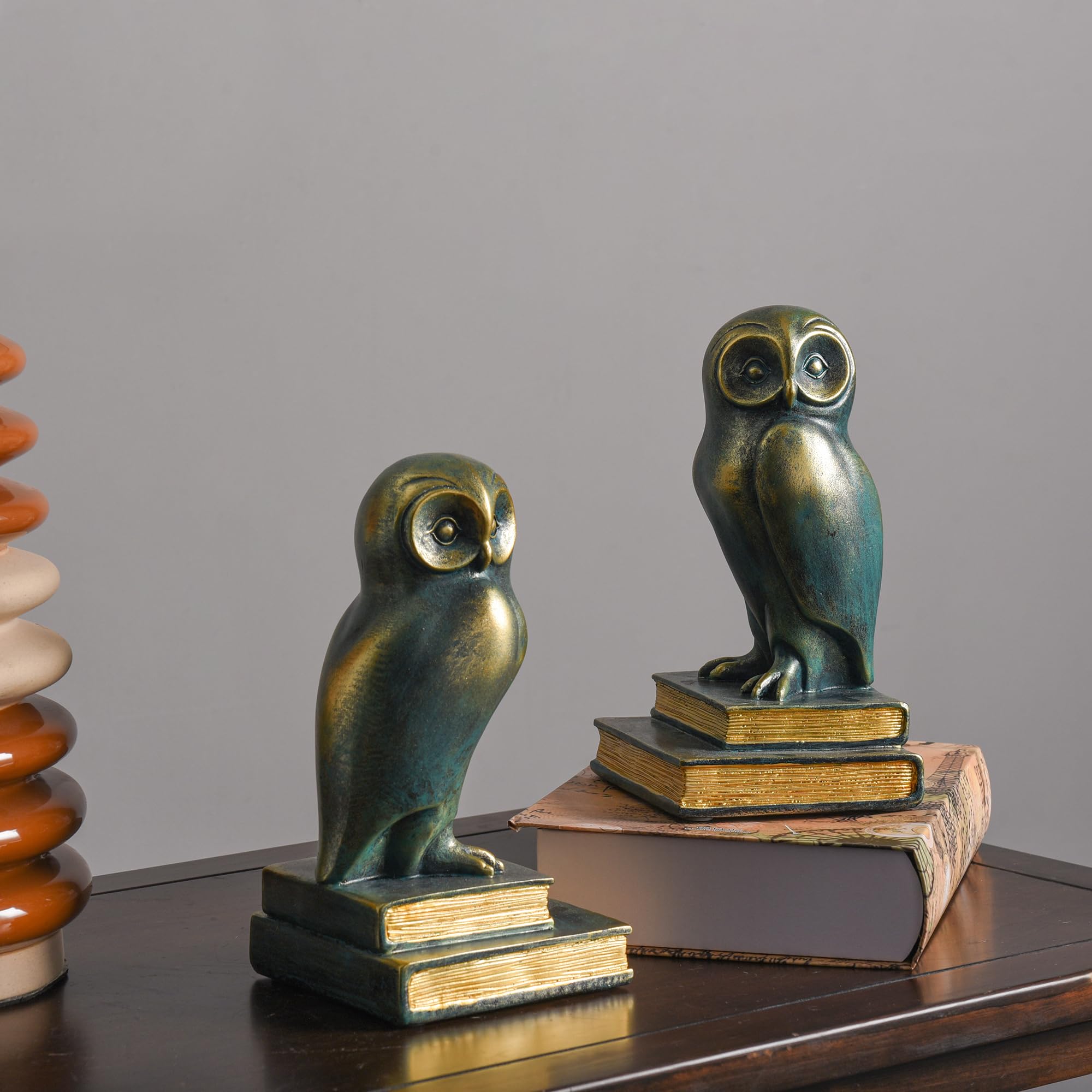 Kakizzy Owl Book Ends bronze pair on shelf ideal for home or office organization.