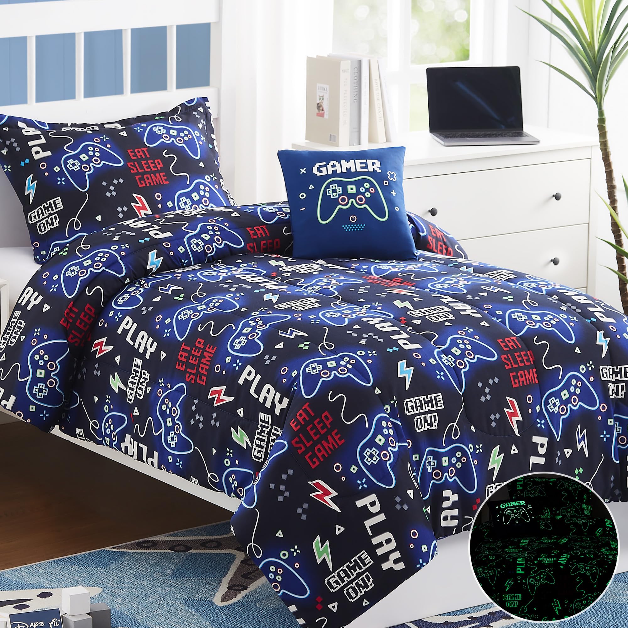 Kaleido Space gamer-themed bedroom setup showcases Twin XL bedding charm