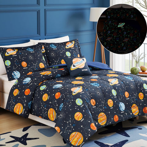 Kaleido Space decor pillow adds a playful galaxy motif to the bed.