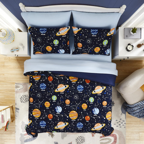 Kaleido Space Full Kids Comforter Shams 20x26 neatly cover pillows.
