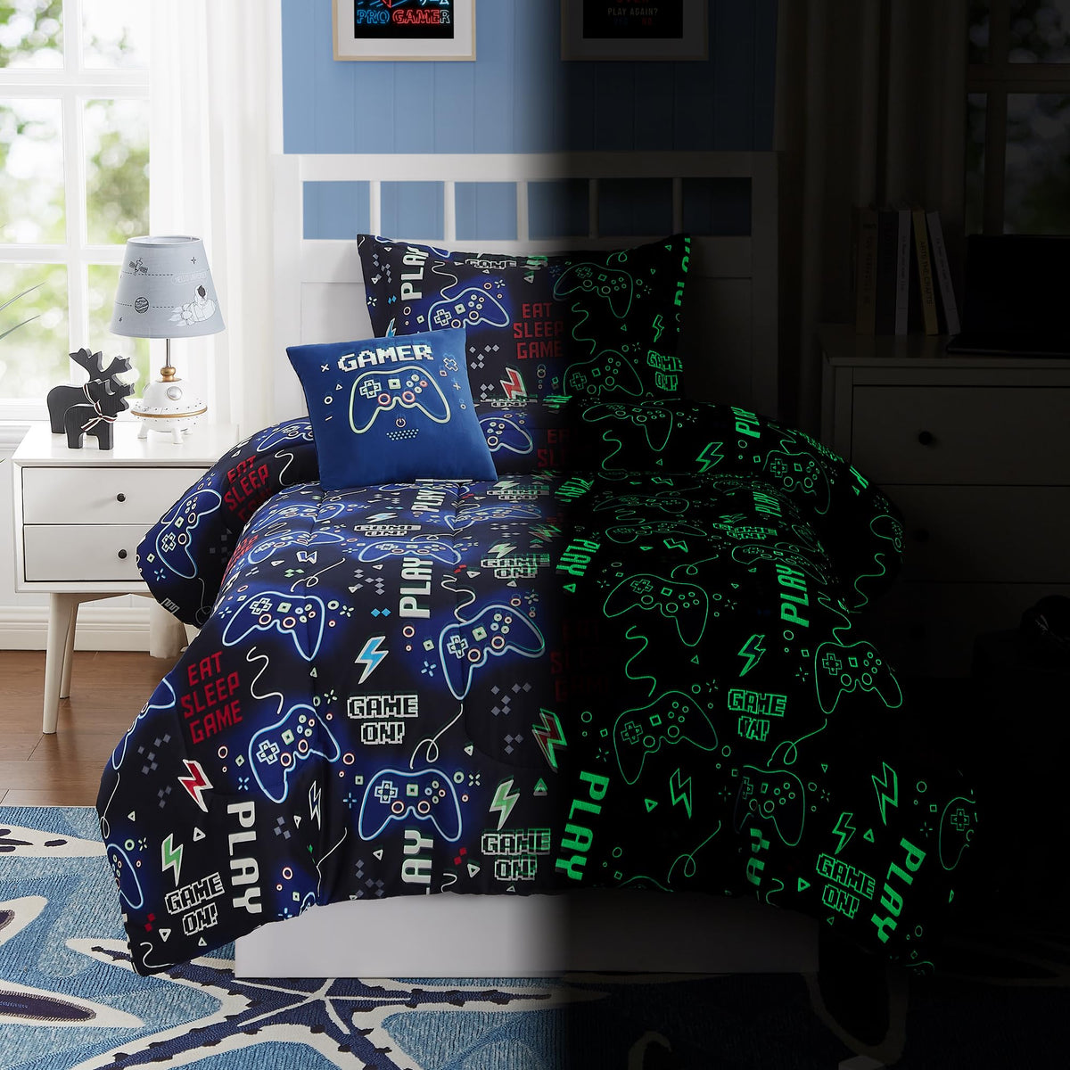 Kaleido Space gamer bedding glow comforter glows in the dark for night-time fun.