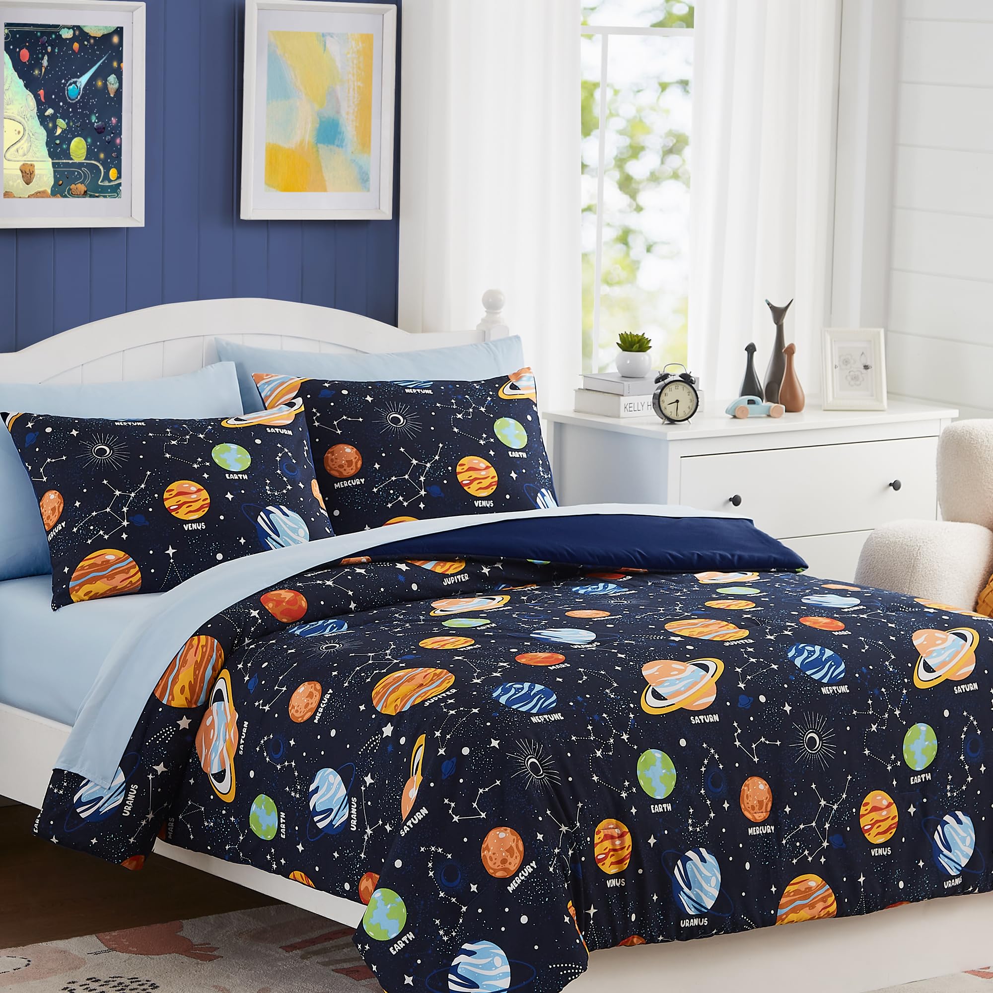 Space-themed bedroom decor featuring Kaleido Space comforter set