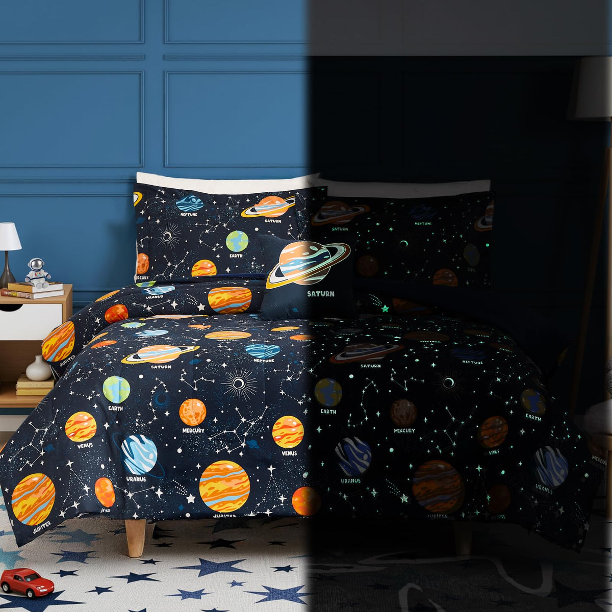 Kaleido Space twin comforter glows in the dark for cozy bedtime ambiance.