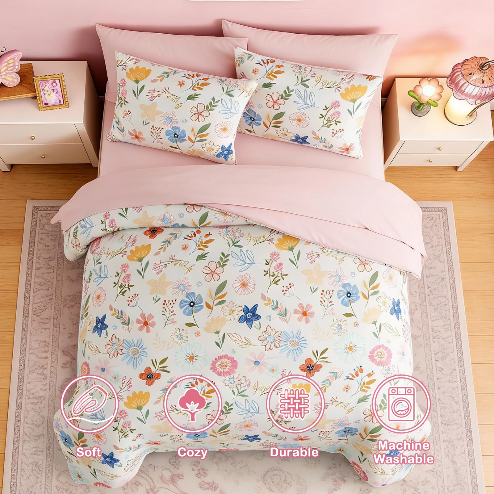 Kaleido Space flat sheet in pastel garden complements coordinated bedding
