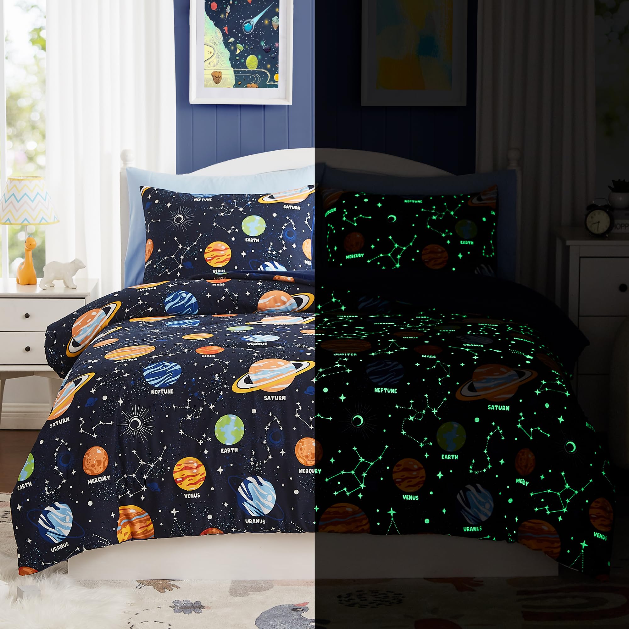 Kaleido Space twin comforter set with glow-in-the-dark planets design for kids