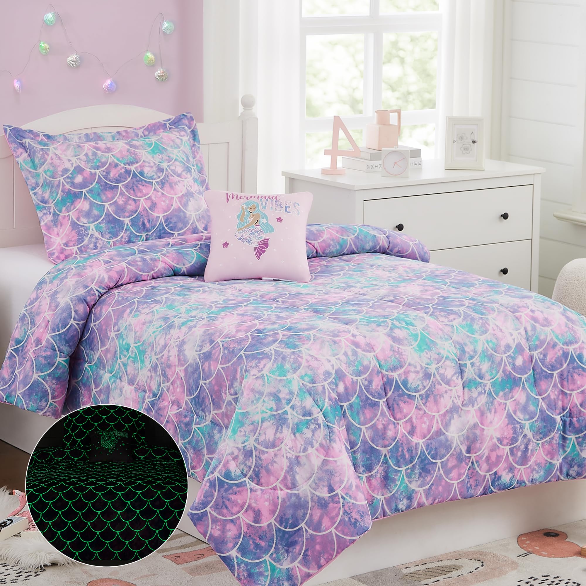 Kaleido Space Decorative Pillow complements the mermaid theme for cozy decor.