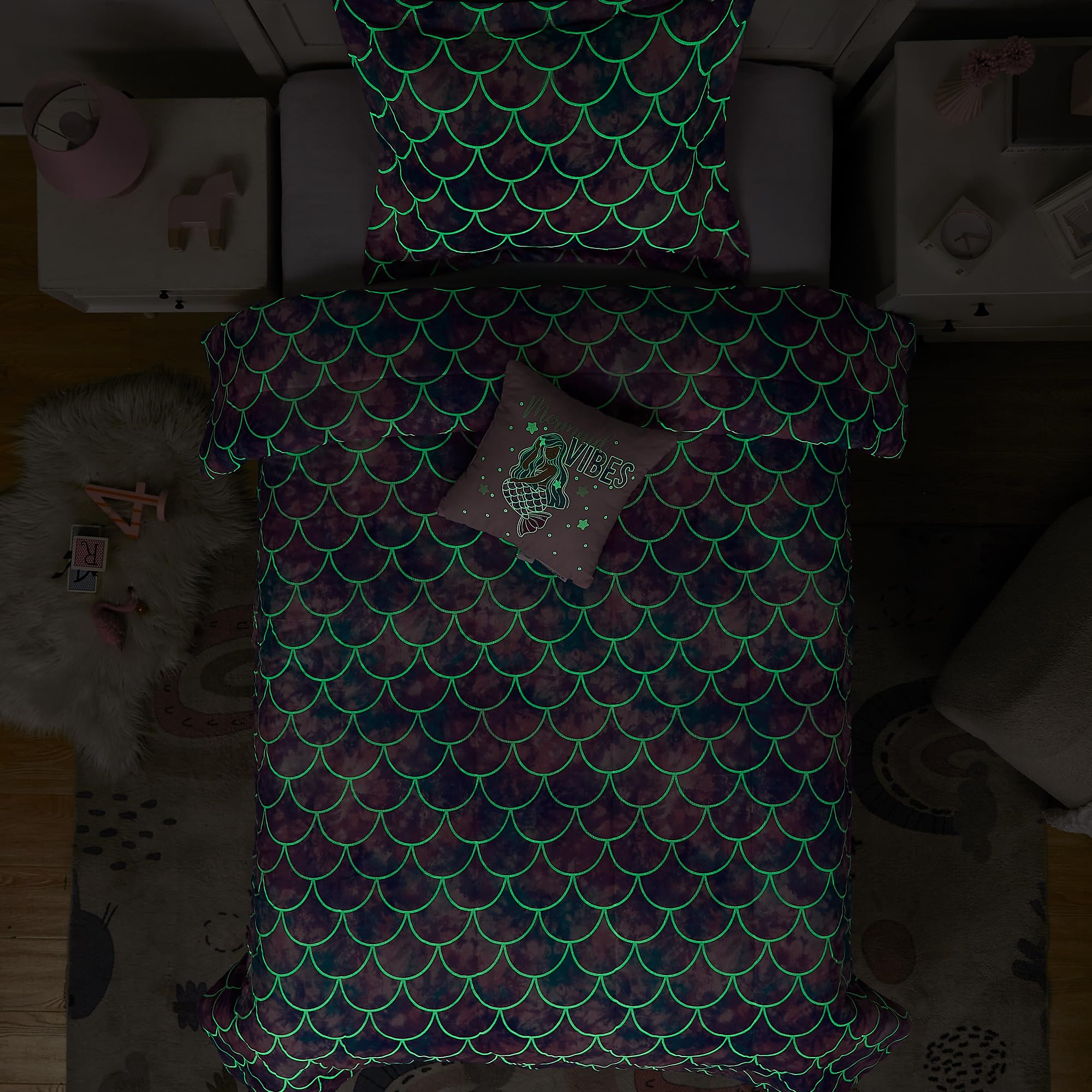 Kaleido Space Mermaid Sham glows softly to create a safe night ambience.
