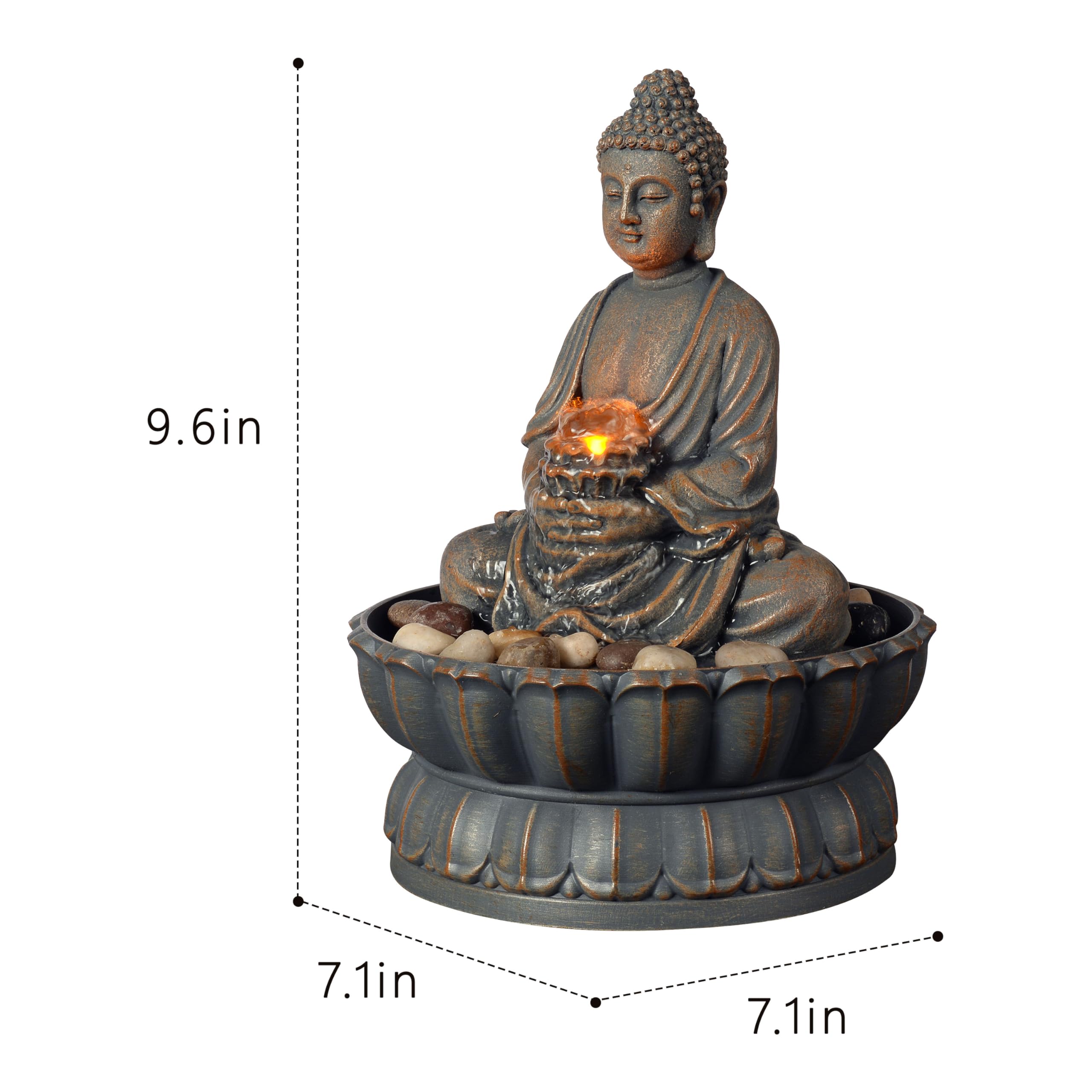 Kalona resin Buddha fountain with cobbles adds peaceful decor detail.