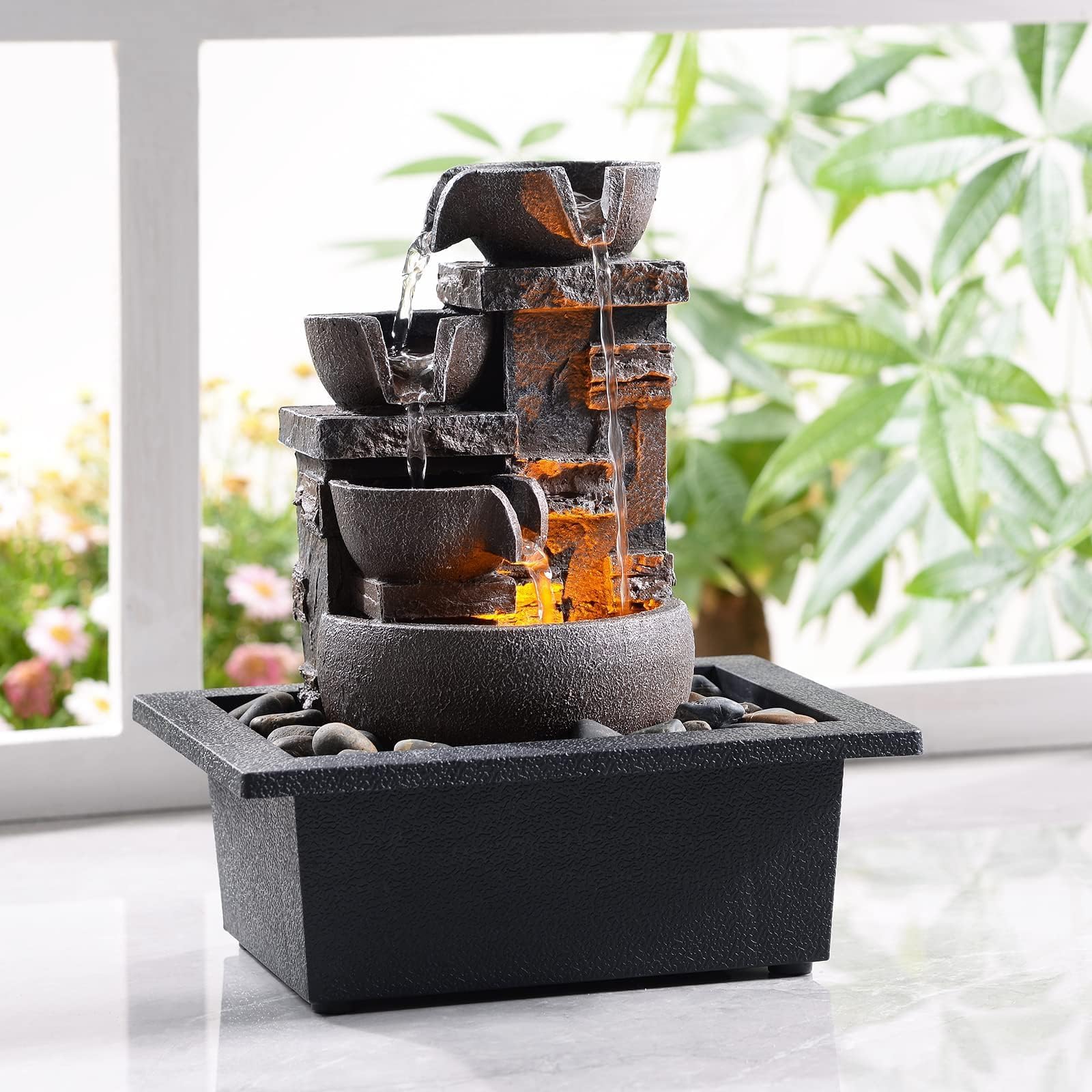 Kalona desktop fountain with 10-inch four-tier imitation stone design for calming ambiance.