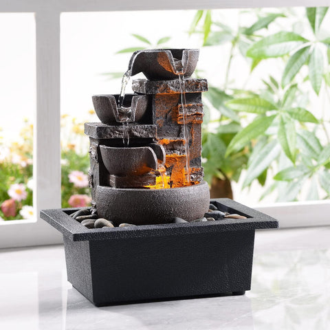 Kalona desktop fountain with 10-inch four-tier imitation stone design for calming ambiance.