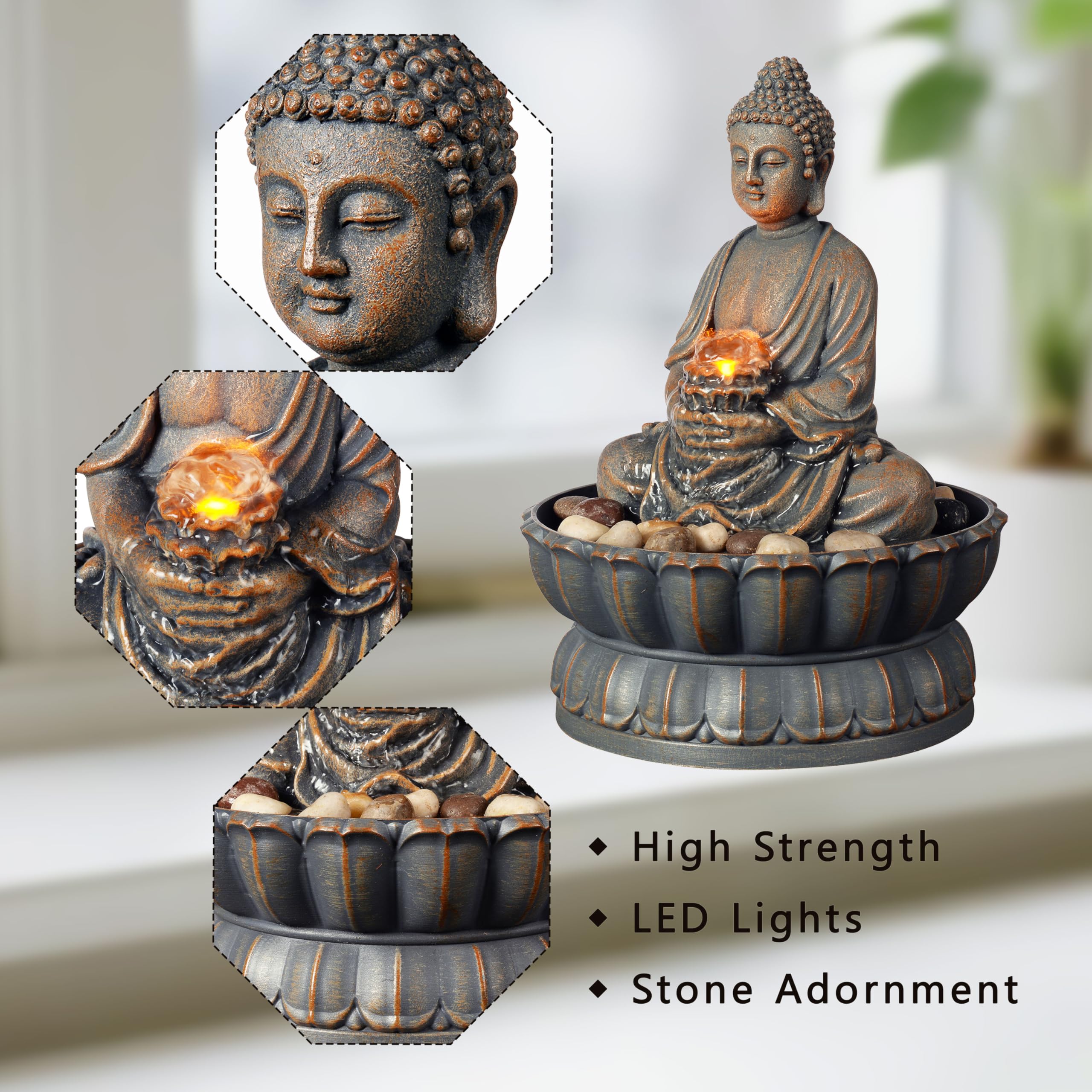 Kalona hand-carved Buddha fountain shows intricate detail and calming water flow.