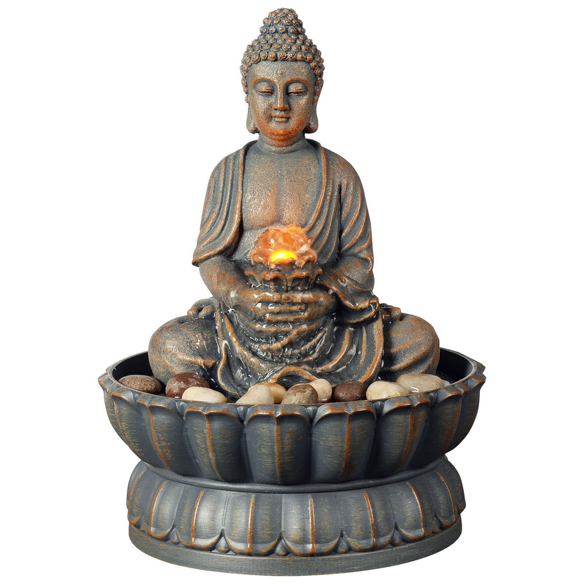 Kalona sitting Buddha tabletop fountain enhances desk serenity with tranquil water motion.