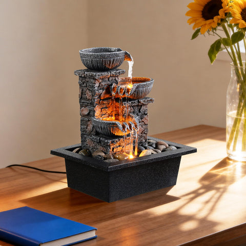Kalona tabletop fountain dimensions describe compact desktop fit and placement.