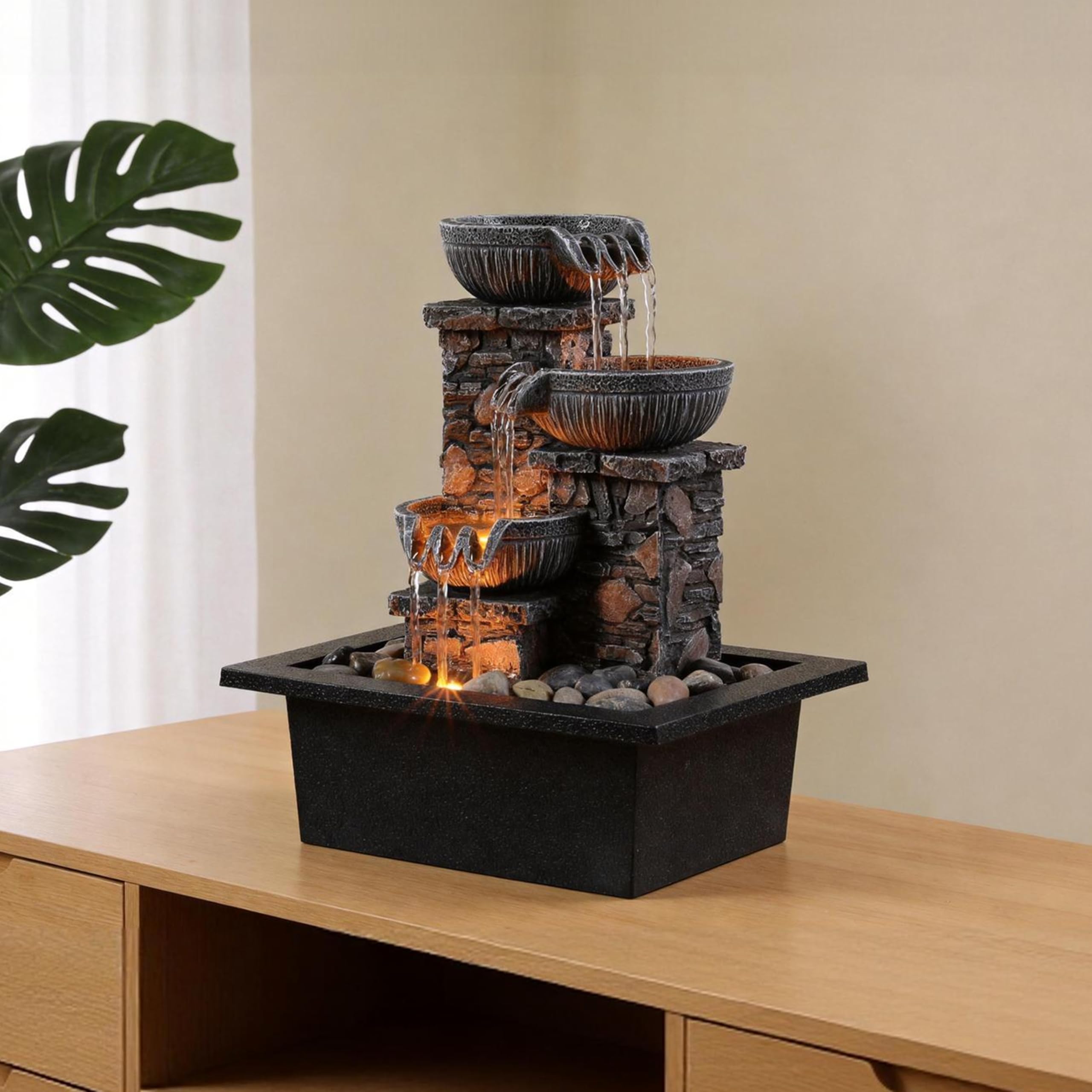 Kalona tabletop fountain easy setup with plug-in power and simple water refill.