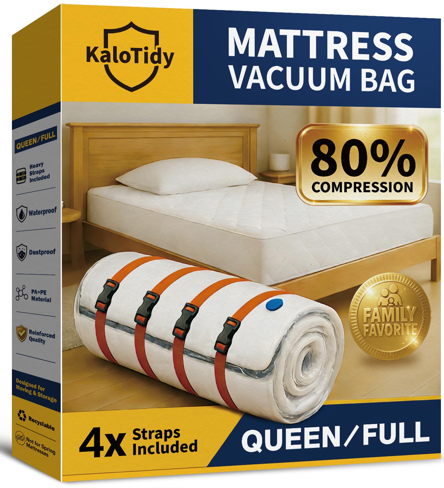 KaloTidy memory foam mattress vacuum bag showing compact storage and protection during move.