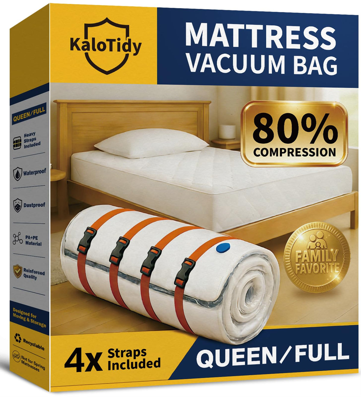 KaloTidy memory foam mattress vacuum bag showing compact storage and protection during move.