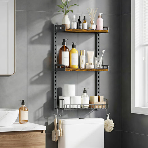 Kalrin 3-tier over-toilet shelf demonstrates space-saving wall mounting for small bathrooms.