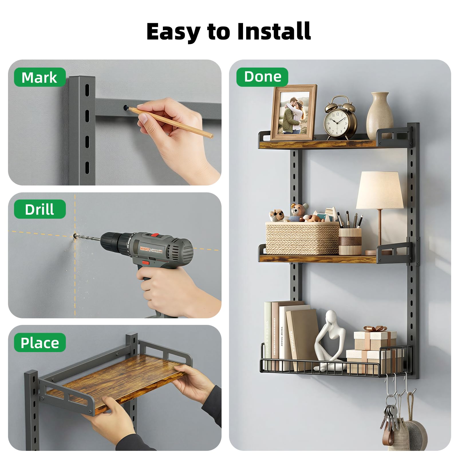 Kalrin durable iron frame with warm particle board shelves.